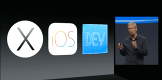 Tim Cook på scenen inden præsentationen af iOS X Yosemite og iOS 8