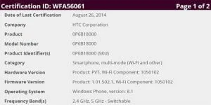 WiFi Alliance certificering af HTC One M8 Windows Phone