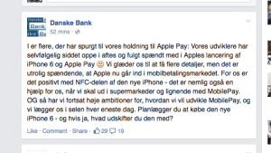 Danske Bank oplyser på Facebook, at de er spændt på Apple Pay