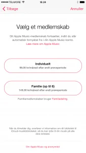 Danske priser på Apple Music hentet fra iOS 8.4 beta 4 den 17. juni 2015 (Foto: MereMobil.dk)