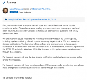 Microsofts svar omkring opdateringen til Windows 10 Mobile version 10586.29
