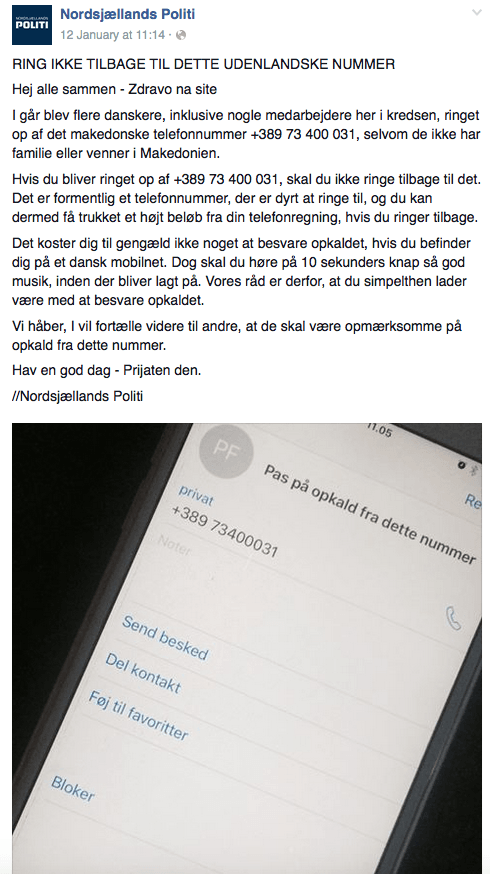Advarsel fra Nordsjællands Politi på Facebook