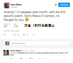 EvLeaks teaser om kommende Android 7.0 Nougat frigivelse (Kilde: Twitter)