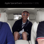 Tim Cook, Pharell Williams og James Cordon i bilen på vej mod Apple Event onsdag den 7. september 2016 (Foto: MereMobil.dk)
