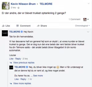 En af flere beskeder på Telmores Facebookside omkring problemerne