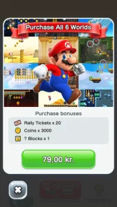 Det koster 79 kroner, hvis du vil have adgang til alle baner i Super Mario Run (Foto: MereMobil.dk)