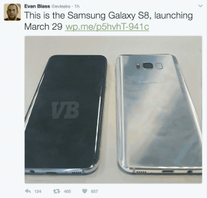 Evan Blass (@EvLeaks) har afsløret datoen for offentliggørelsen af Galaxy S8, samt et billede af enheden (Kilde: Twitter)
