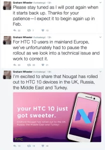 Graham Wheelers opdateringer på Twitter vedrørende Android 7.0 opdateringen til HTC 10 (Kilde: Twitter)