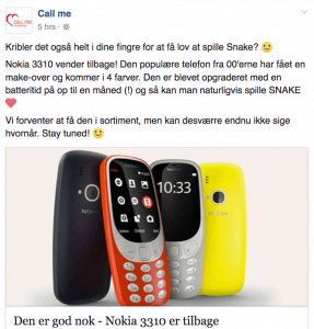 Call Me's opslag på Facebook, hvor de skriver de forventer, at få Nokia 3310 (2017) i sortiment (Kilde: Call Me Facebook)