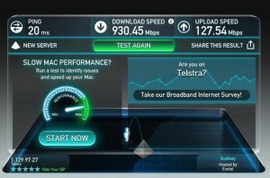 Hastighedstest foretaget på Telstra 4G netværk med en NETGEAR Nighthawk M1 mobilt bredbånds router (Snapdragon X16 LTE modem)