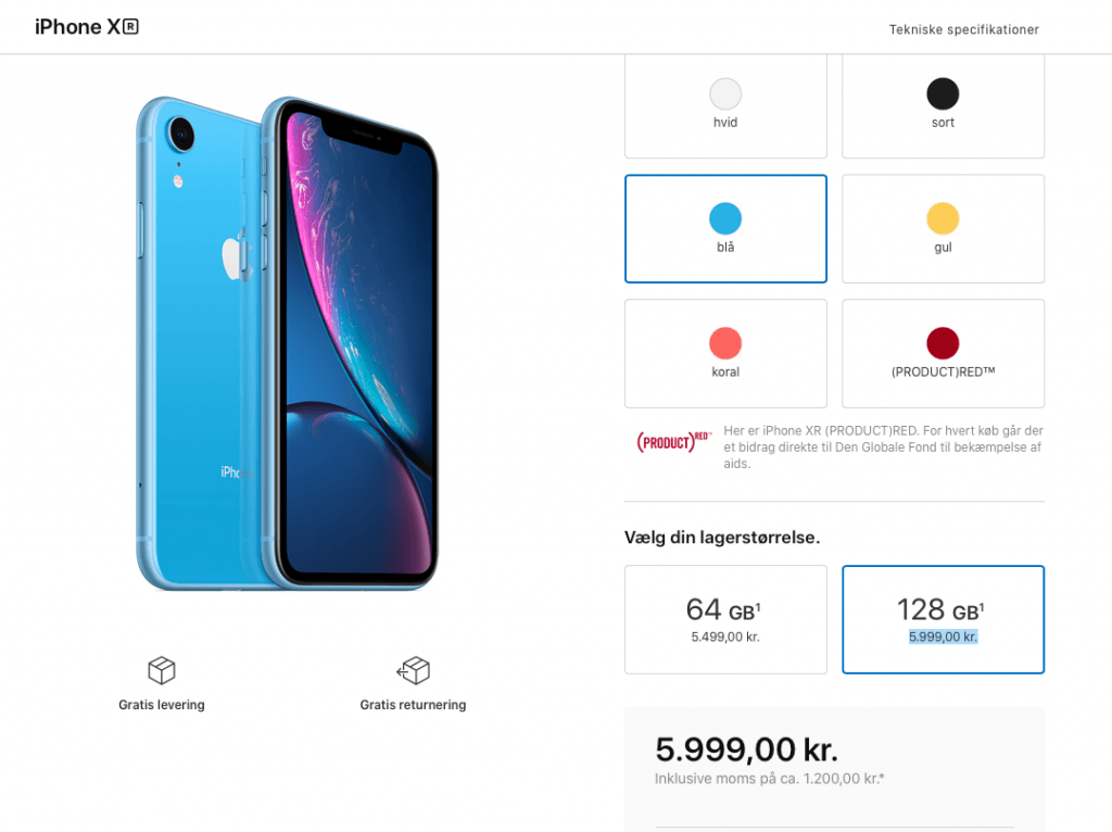 Prisen på iPhone Xr efter lanceringen af 2019-modellerne (Kilde: MereMobil.dk)