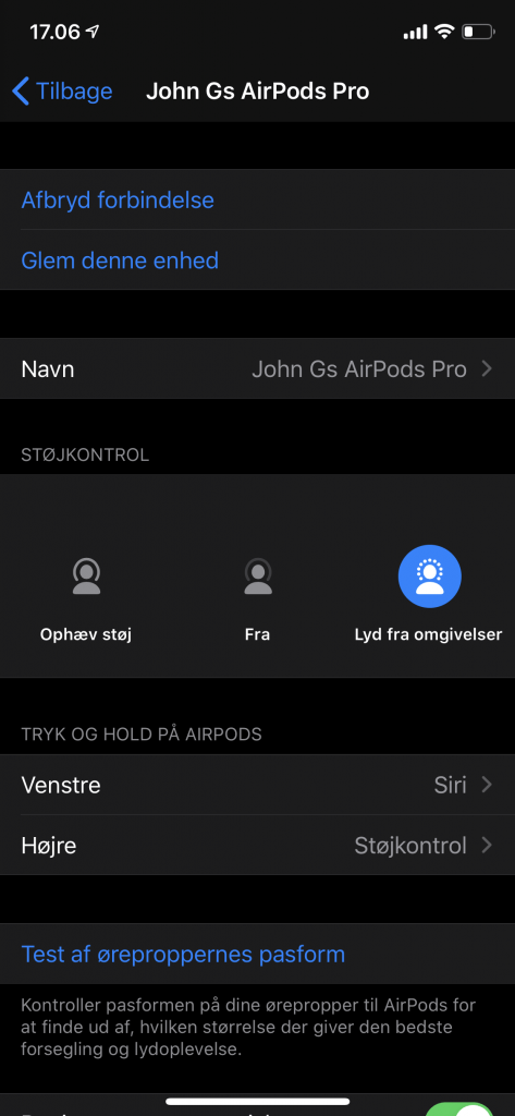 AirPods Pro interface på iPhone