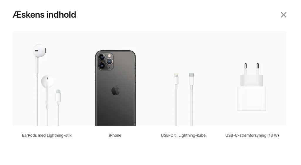 Sådan var indholdet i salgsæskerne til Apples iPhones indtil iPhone 12-serien blev præsenteret (Foto: MereMobil.dk)
