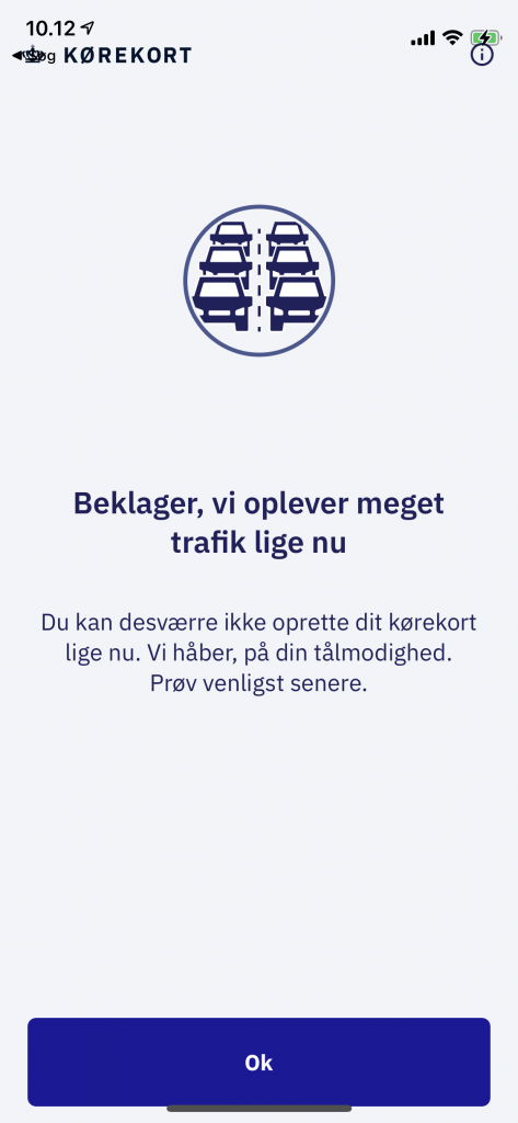 Sådan vises det i Kørekort-appen, at der er for meget trafik. Når dette vises kan man ikke registrerer sig (Foto: MereMobil.dk)