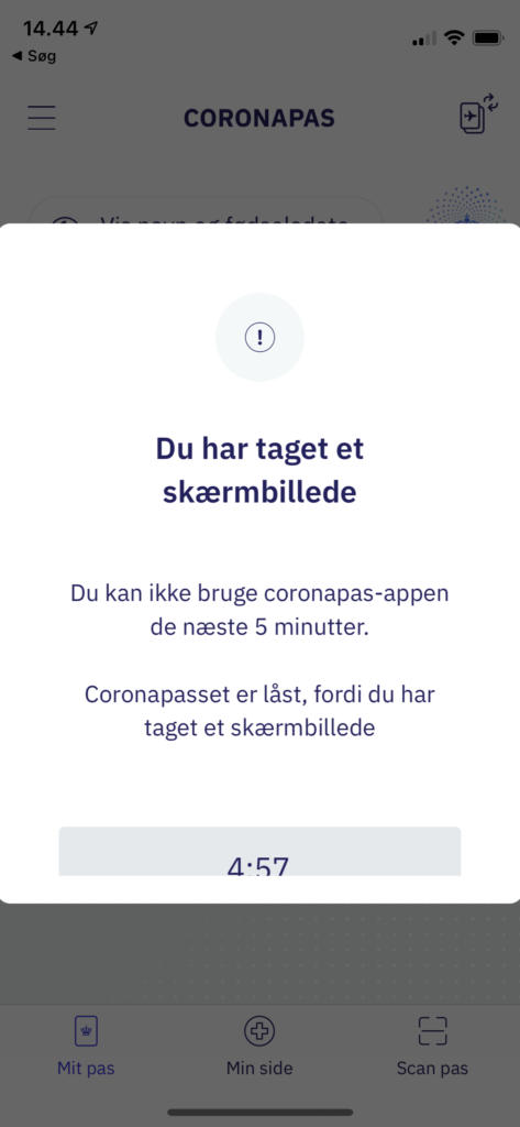 Screenshot af coronapas-appen blokerer brug i 5 minutter efterfølgende (Foto: MereMobil.dk)