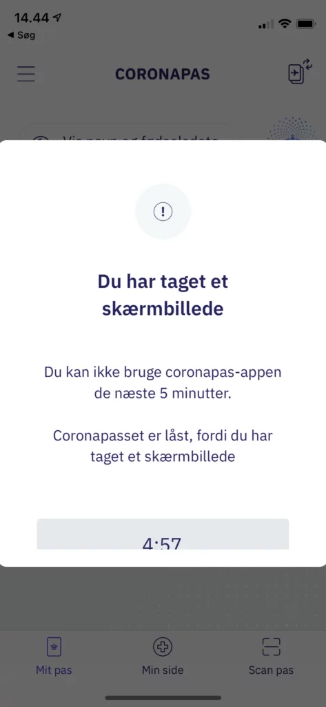 Screenshot af coronapas-appen blokerer brug i 5 minutter efterfølgende (Foto: MereMobil.dk)