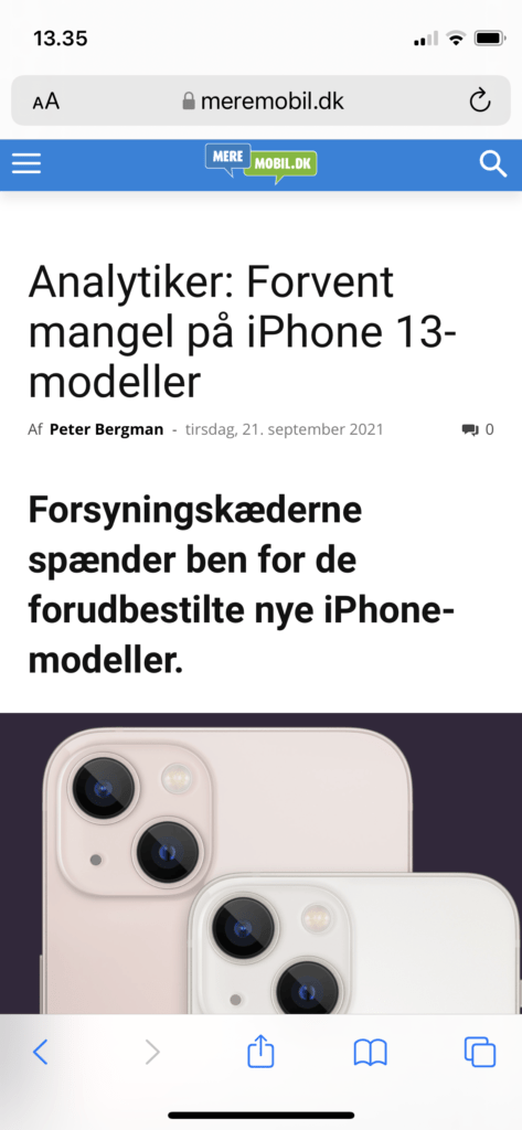 Adresselinjen som den ser ud i Safari, når det er tilrettet til at være "En Fane" iOS 15 (Foto: MereMobil.dk)