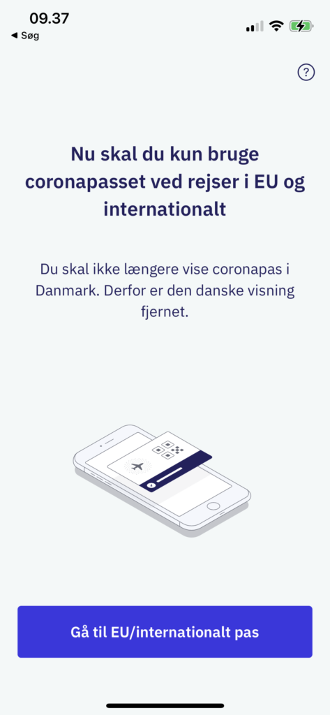 Sådan ser det ud nu, når du åbner coronapas-appen første gang efter den danske del af appen er lukket ned (Screenshot: MereMobil.dk)
