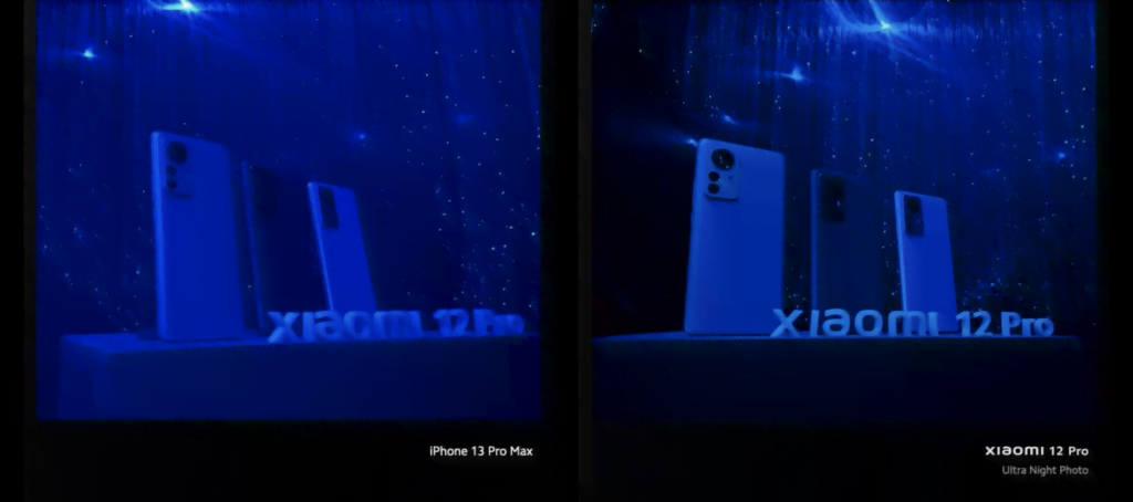 Sådan klarer Xiaomi 12 Pro sig i forhold til iPhone 13 Pro Max under dårlig belysning (Foto: Screenshot taget under Xiaomi 12-serie præsentation)