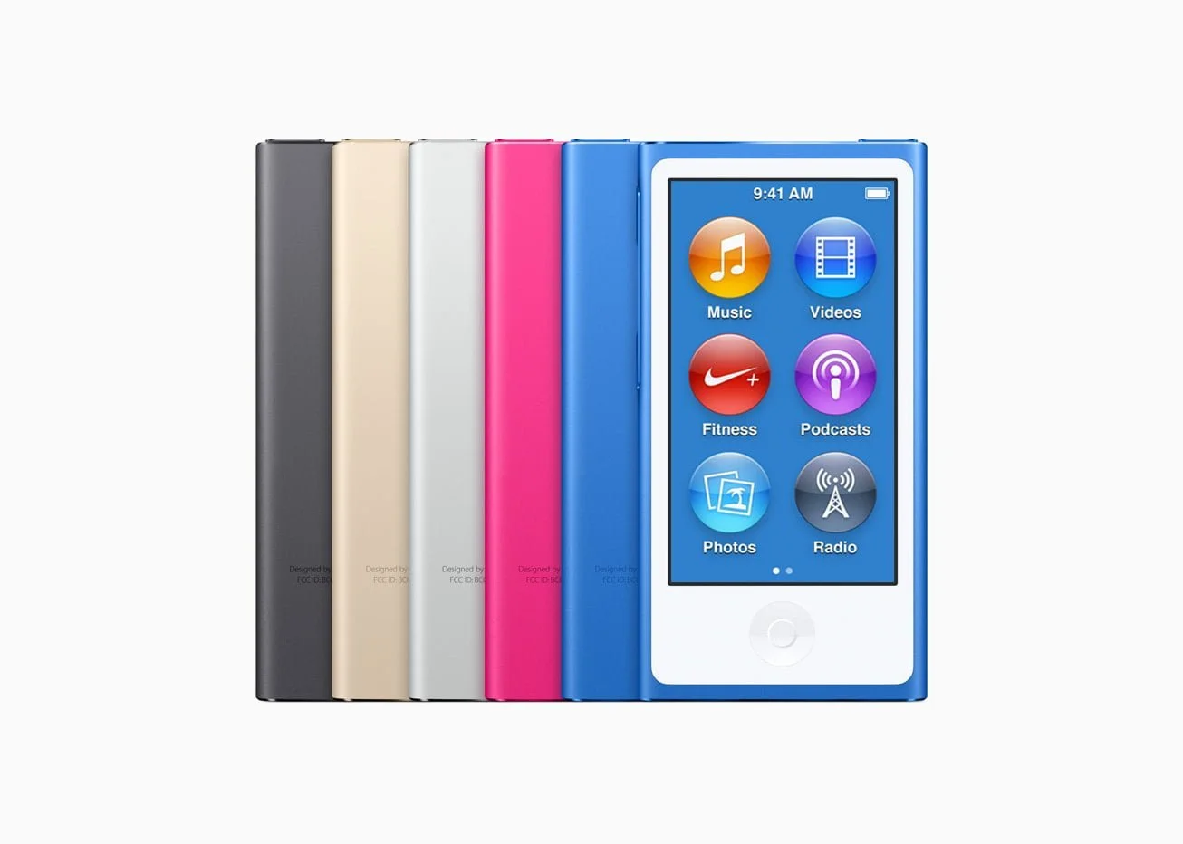 iPod nano (7. generation) blev introduceret den 12. september 2012. Det var den tyndeste iPod til dato og med en 2,5 tommer multi-touch skærm (Foto: Apple)