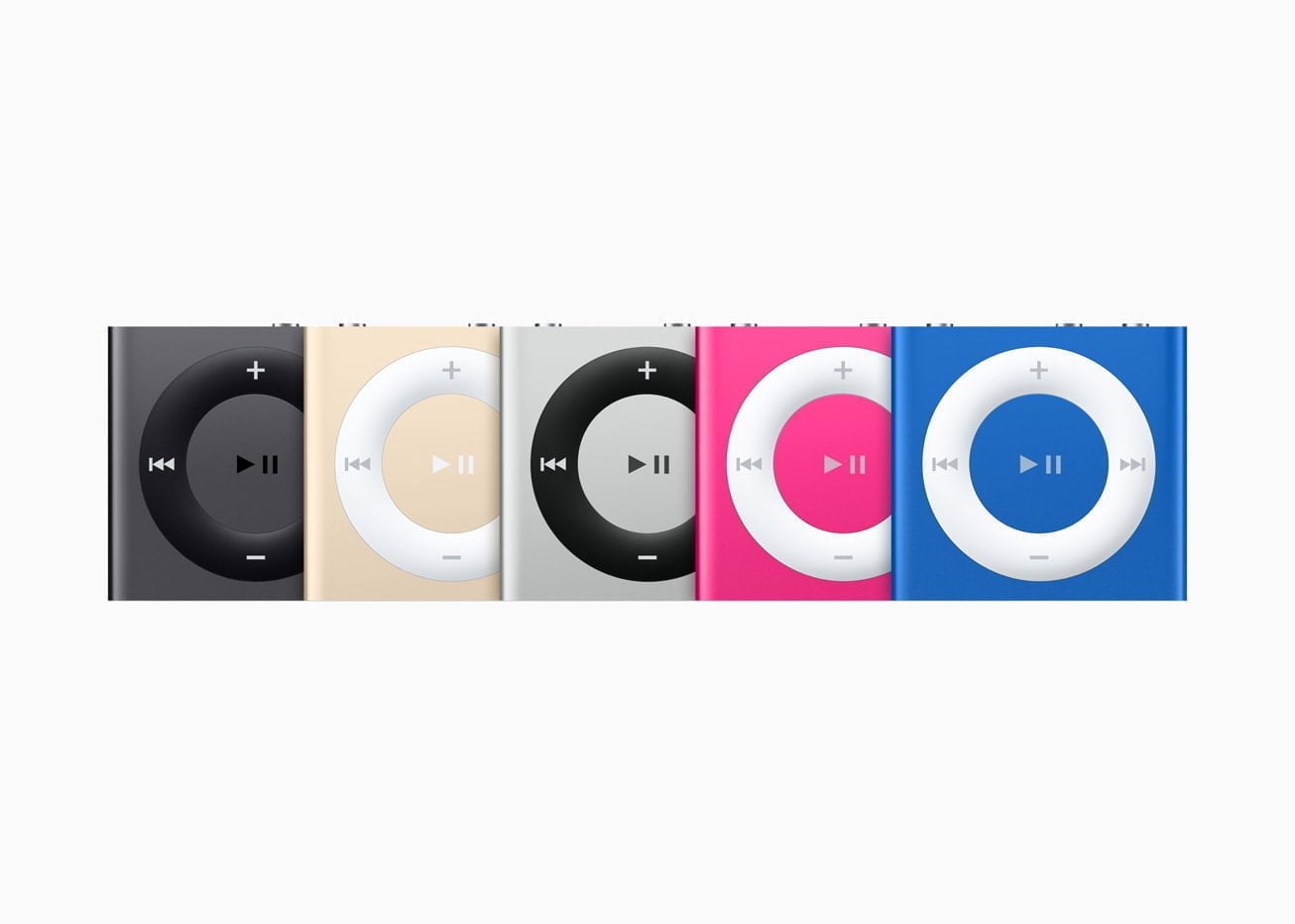 iPod Shuffle (4. generation) blev introduceret den 15. juli 2015. Den meget lille enhed (uden skærm) tilbød op til 15 timers batteritid, 2 GB hukommelse og VoiceOver-knapper, så man kunne høre sangtitler, navn på playlister og batteristatus. (Foto: Apple)