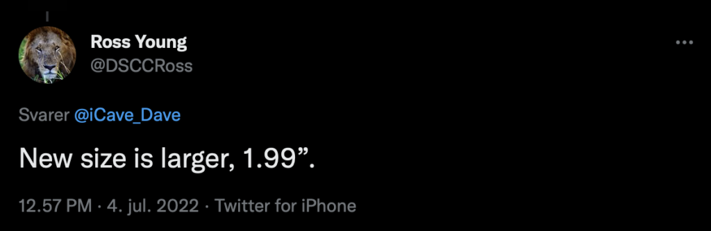 Ross Young spår skærmen på Apple Watch Series 8 bliver op til 1,99 tommer (Kilde: Ross Young Twitter)