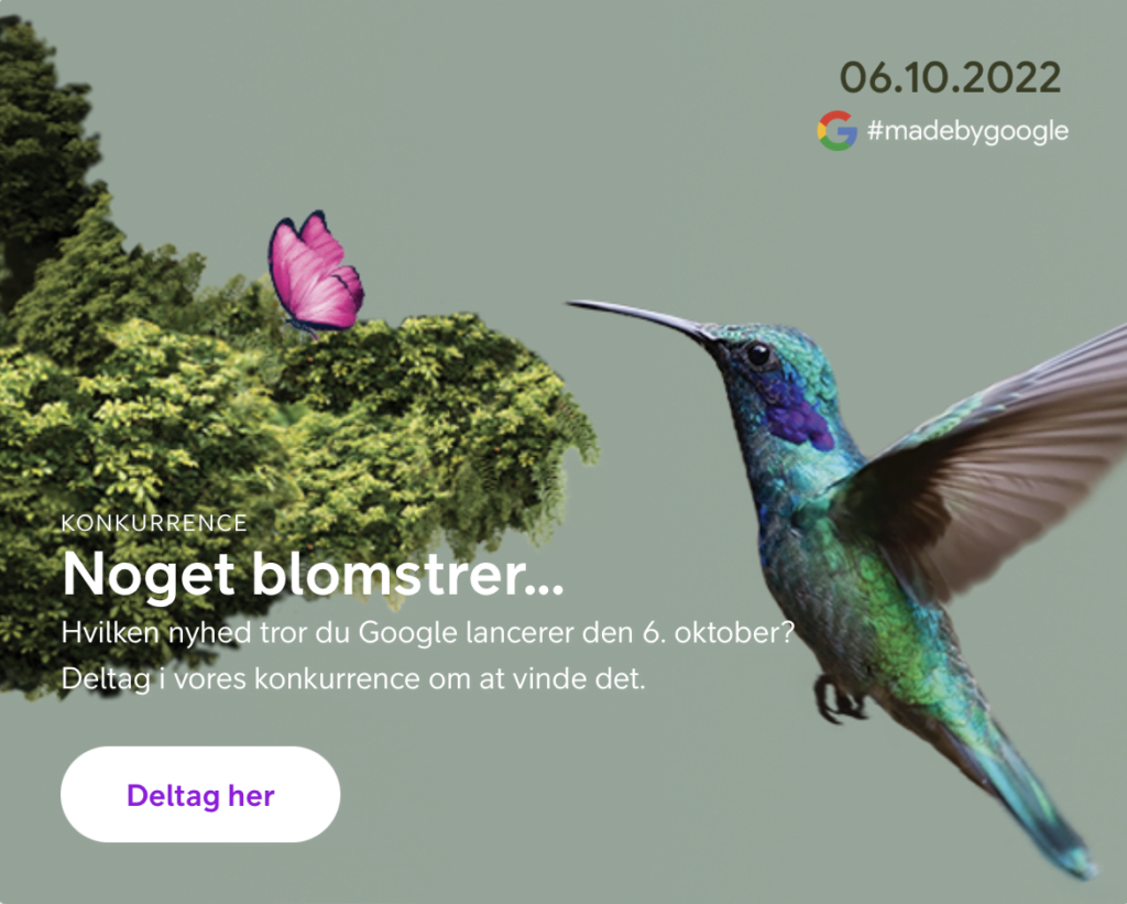 Google afholder event torsdag den 6. oktober 2022. Hvor de annoncerer de nye Pixel 7-telefoner - måske der er en dansk lancering på vej? Denne konkurrence kan være tegn på det - spottet på Telias hjemmeside (Kilde: Telia)