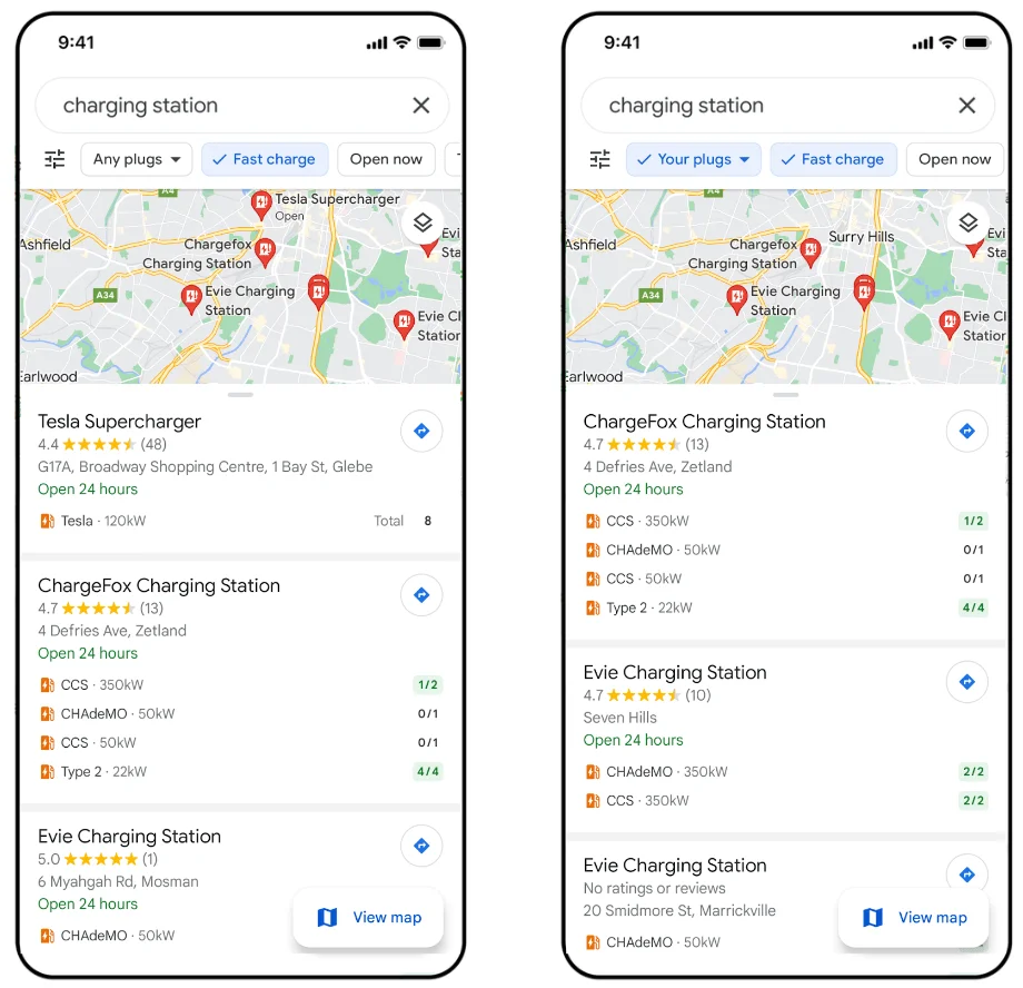 En ny opdatering er klar til Google Maps, som hjælper elbilsejere med at finde frem til ladestationer, samt gør det muligt at søge ud fra ladeeffekt og stiktype. (Foto: Google)