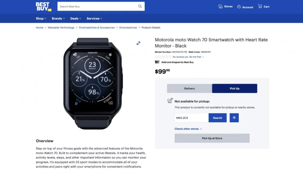 Motorola Moto Watch 70 er afsløret af forhandleren Best Buy Canada (Kilde: GSMArena.com / Best Buy Canada)
