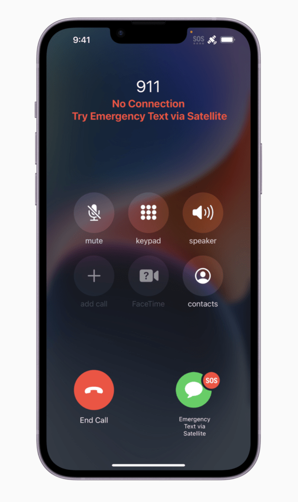 Nødopkald SOS (Emergency SOS) via satellit kan nu bruges i de første lande, hvis man har en af de fire iPhone 14-modeller (Foto: Apple)