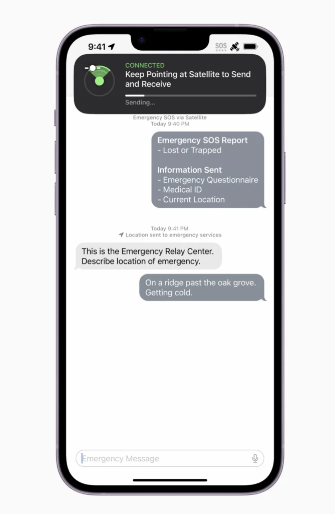 Nødopkald SOS (Emergency SOS) via satellit kan nu bruges i de første lande, hvis man har en af de fire iPhone 14-modeller (Foto: Apple)