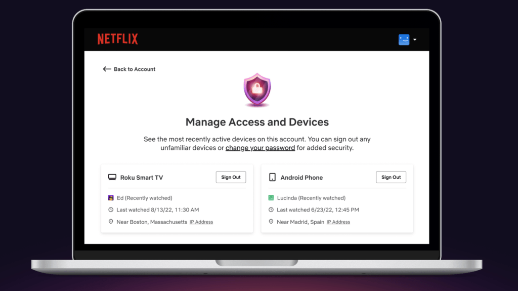 Netflix klar med ny funktion, der gør det muligt at administrere ens konto og hvilke enheder, som har adgang til denne (Kilde: Netflix)