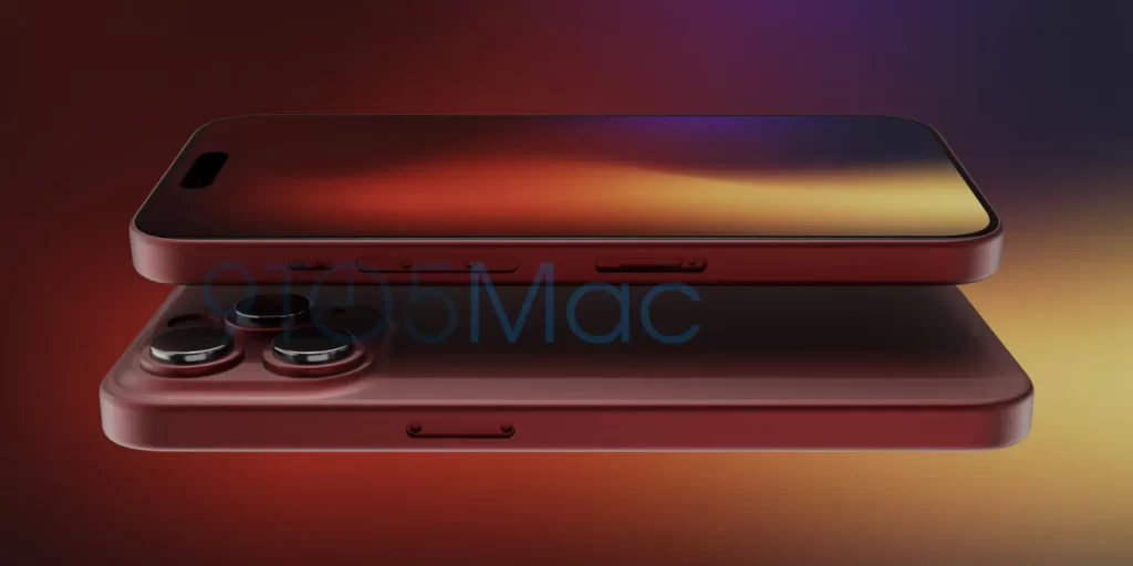 Mock-up af det der ventes at være iPhone 15 Pro i en ny mørkerød farve. (Kilde: 9to5mac)
