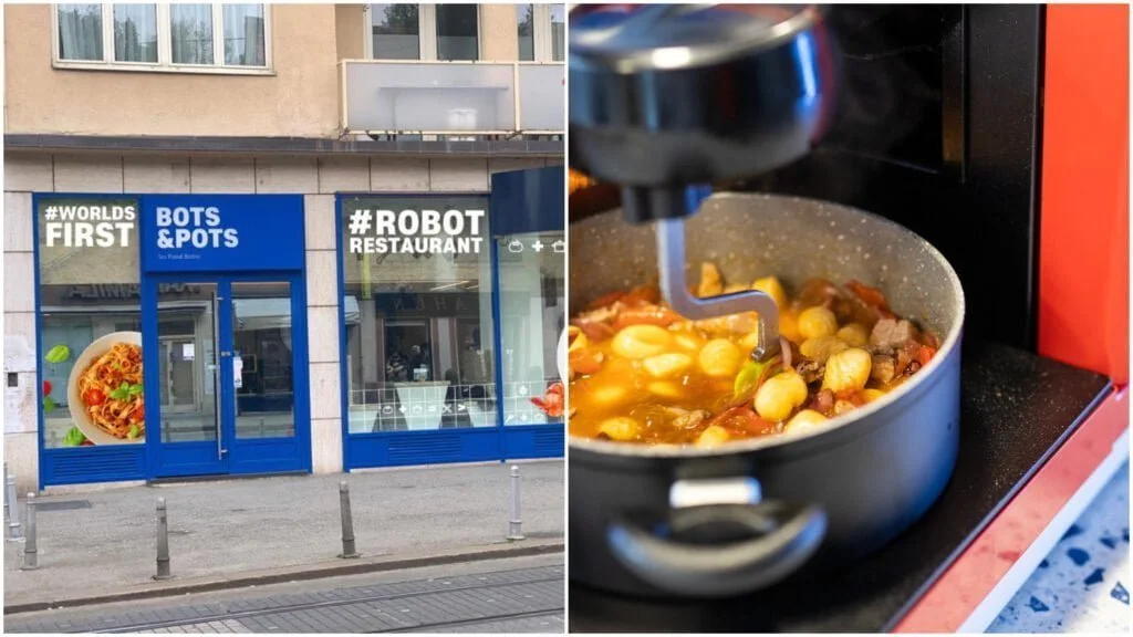 sammenkopieret billede af spisesteds facade og en robot
