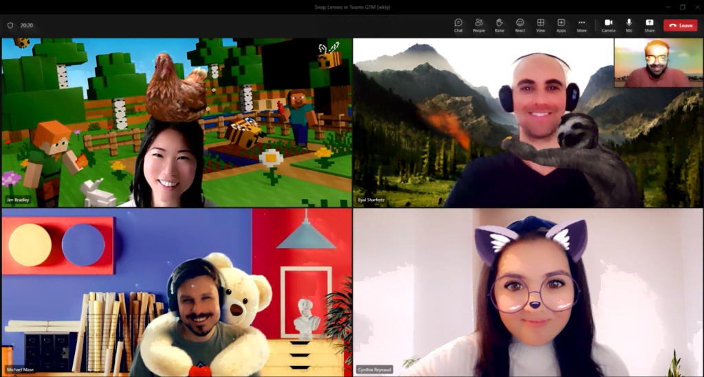 Billedtekst: Microsoft Teams-brugere kan nu gøre Teams-møder mere spændende ved at vælge mellem 26 populære linser baseret på Snapchats AR-teknologi.