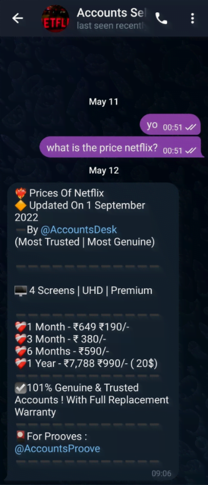 Eksempel på, hvordan en Netflix-konto sælges via Telegram