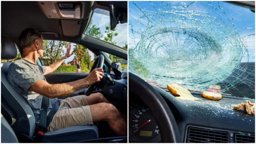 sammenkopieret billede med mand der vinker ud af bilvindue og en smadret frontrude