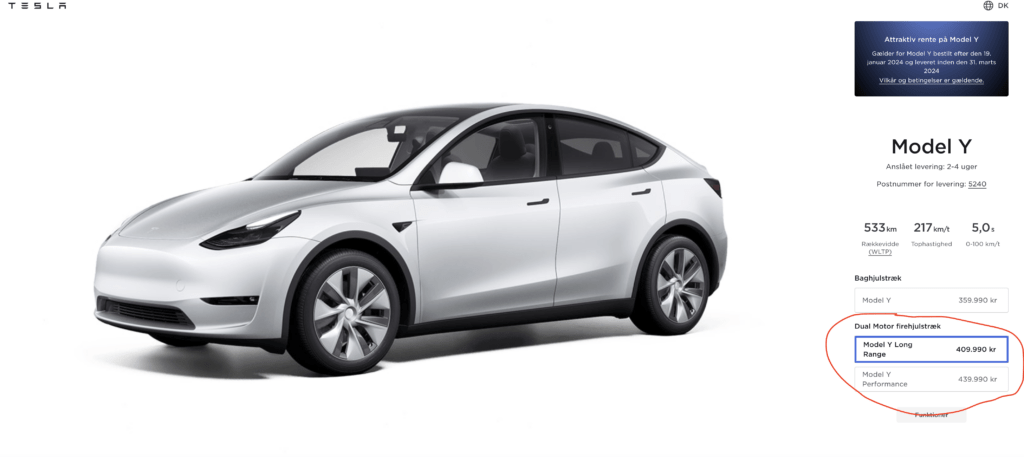 Tesla Model Y har fået sat prisen op på Long Range og Performance (Kilde: Tesla.com)