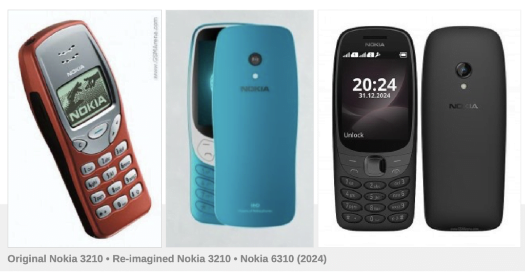 Billede af den gamle klassiske Nokia 3210, samt den nye 2024-model og Nokia (Kilde: GSMArena.com)