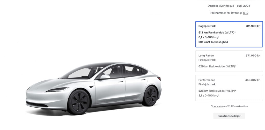 Tesla har hævet priserne på de tre forskellige varianter af Model 3 Highland (Screenshot: Tesla.com/ MereMobil.dk)