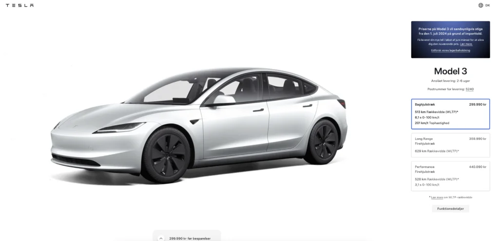 Tesla advarede i sidste halvdel af juni om, at der sandsynligvis ville komme en prisstigning pr. 1 juli 2024. Den er indtil videre udeblevet (Screenshot: MereMobil.dK)