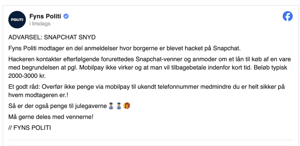 Fyns Politi advarer mod svindel på Snapchat (Kilde: Facebook)