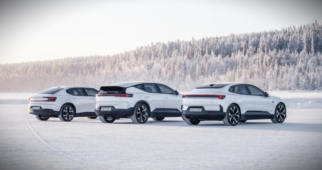 tre polestar modeller parkeret i et snedækket landskab (Foto: Polestar/PR)