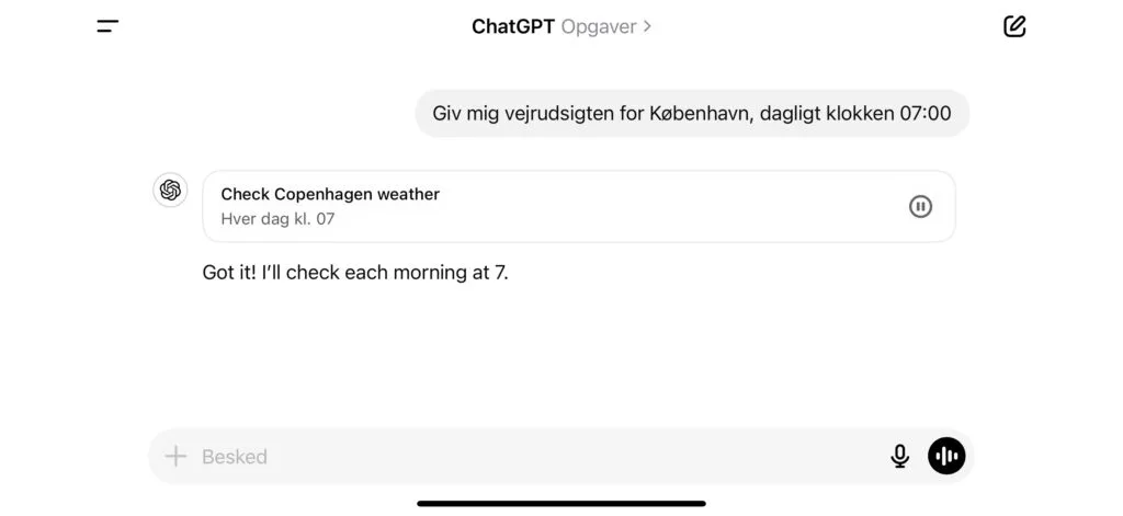 ChatGPT, opgaver, påmindelser (Skærmbillede: MereMobil.dk)