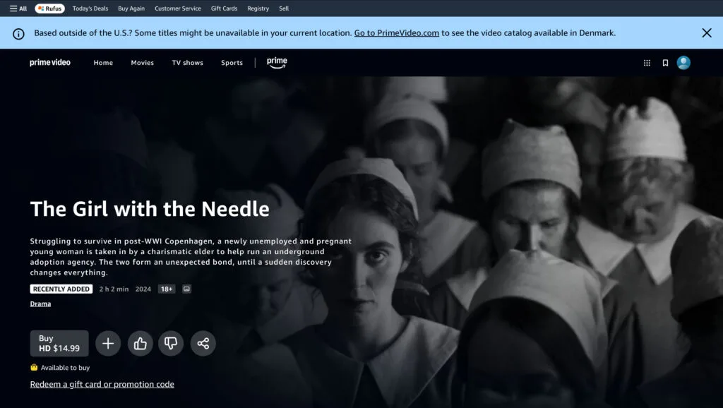 Pigen med Nålen på Amazon (Skærmbillede: MereMobil.dk)