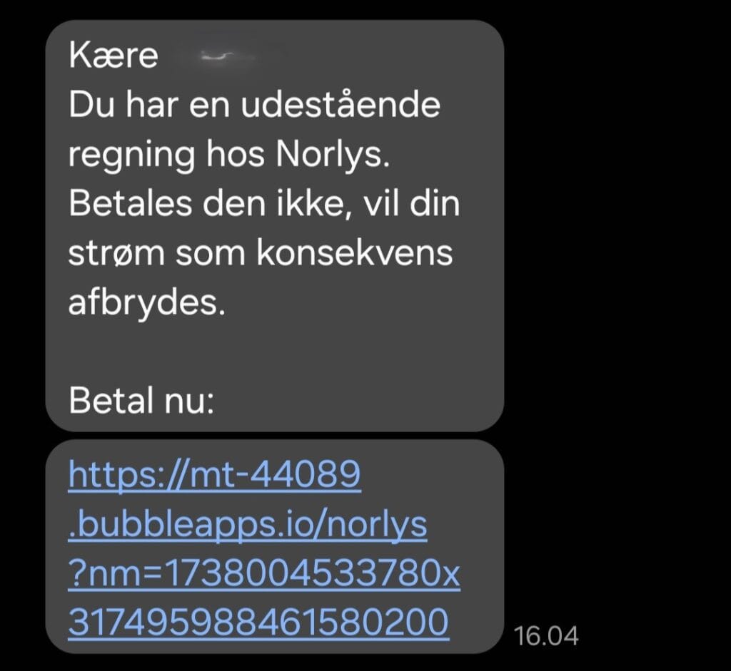 Eksempel på falsk SMS, hvor svindleren udgiver sig for at være Norlys (Kilde: Norlys)