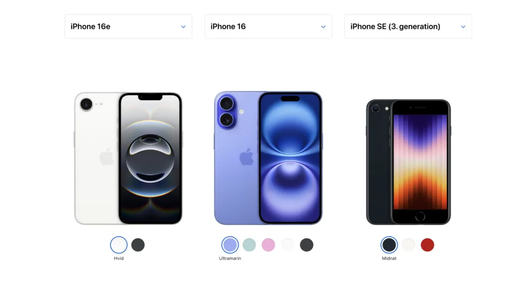 iPhone 16e, iPhone 16, iPhone SE (Skærmbillede: MereMobil.dk)