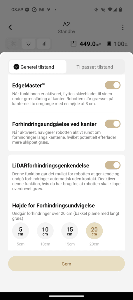 Dreame A2 robot skærmbillede