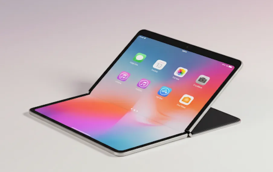 En foldbar iPad bliver måske allerede en realitet i 2026 (Grafik: MereMobil.dk / AI )