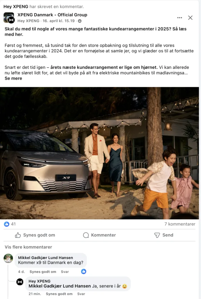 Xpeng afslører, at Xpeng X9 kommer til Danmark senere i år på deres Facebook-side (Kilde: MereMobil.dk)